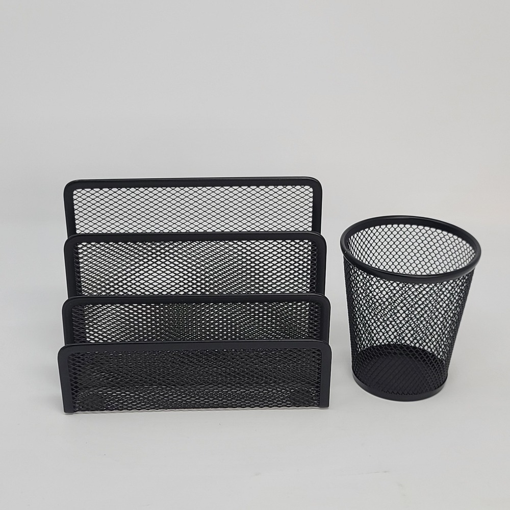 Mesh Desk Organizer Set 2pc Black Metal File Sorter Pencil Cup Good